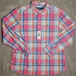 Vineyard Vines Plaid Cotton‎ Slub Whale Shirt Large Colorful Embroidered